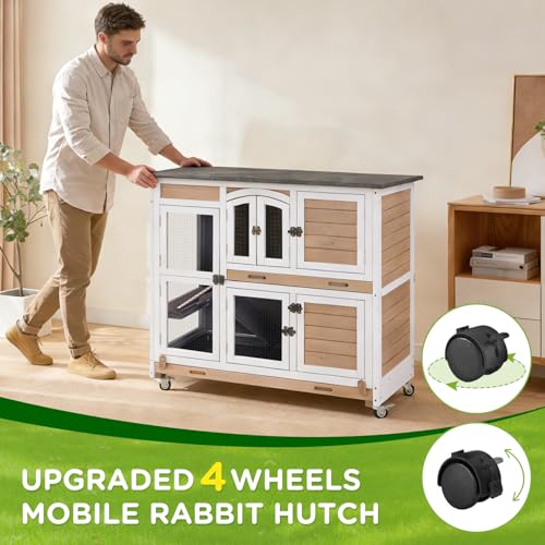 Gutinneen Large Indoor Rabbit Hutch Mobile Bunny Cage with Chew-Proof Ramp, Locking Leak-Proof Trays - Outdoor 44" Wooden Rabbit Cage with 4 Wheels for Rabbits, Guinea Pigs, Small Animals (Brown)