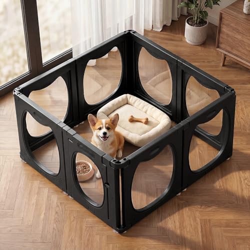 Clear PET Dog Playpen Indoor, 8-Panel Heavy-Duty Transparent Puppy Playpen, Modular Pet Fence Enclosure for Small Medium Dogs, Easy to Assemble (Black, 24 Inch H, 8 Panels) - color: Black