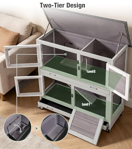 Two-Tier Guinea Pig Cages Rabbit Hutch with Anti-Chew Ramp | bunny cage with dual deep trays, weatherproof roof, lockable catsters, multiple access doors - color: 36“L Grey