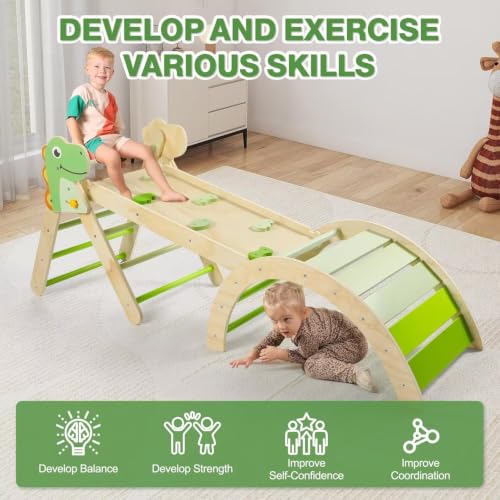 Pikler Triangle Set with Cushion, 7 in 1 Toddler Climbing Toys Indoor | Foldable Space-saving Design, Montessori-inspired Learning, Reversible Slide & Ramp, ASTM F963 Standards for Toddlers 18M-5Y - color: Dinosaur