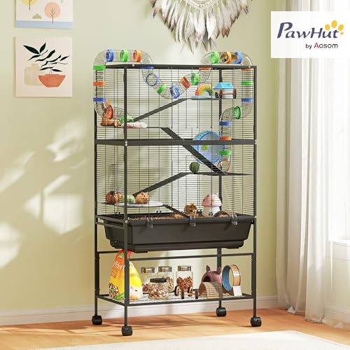 PawHut Large Hamster Cage with Deep Tray, 5 Tier for Syrian Gerbil Mouse | Rolling Rat Cage, Storage Shelf, Big Exercise Wheel, Tube System, Hut, Platforms, Ramps, Food Dish, Water Bottle - size: 32.3"L x 18.1"W x 59.1"H