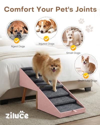 Dog Ramp for Bed & Couch, Dog Stairs 21.06 inches High for Large/Medium/Small Doggie,Split Ottoman Foldable 2 in 1 Wooden Pet Steps for Older and Injured Dogs, No-Slip Surface(Pink) - size: 21.06" H- Pink