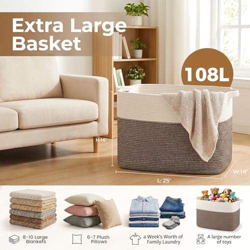 OIASKET 108L Cotton Rope Storage Basket for Living Room and Bedroom 25"x16"x16" Woven Laundry Basket, Heavy Duty Bin for Blankets, Pillows & Toys, Pet-Safe & Scratch-Free, Dark Brown and White - color: Dark Brown & White