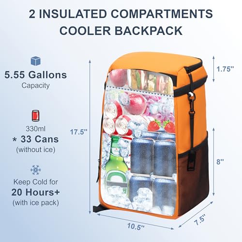 SPARTER Backpack Cooler Insulated Leak Proof 33/49 Cans, 2 Insulated Compartments Thermal Bag, Portable Lightweight Beach Travel Camping Lunch Backpack for Men and Women - color: Orange, size: 33 Can