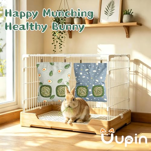 Rabbit Hay Bag 2 Pack - 2 Holes Hanging Bunny Hay Feeder Holder with Metal Hooks, Oxford Cloth Guinea Pig Feeding Bag Storage for Chinchillas Hamsters and Small Animals (Blue Gray) - color: Blue Gray