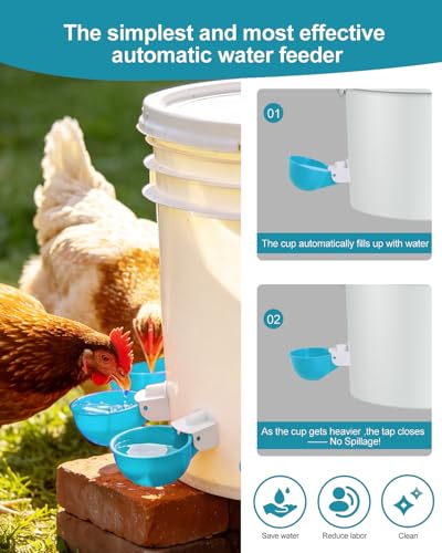 Chicken Waterer Cups (8 Pack) with 3/8" Drill Bit - Light Blue | Automatic Poultry Drinker Feeder Kit for Chickens, Ducks, Turkeys, Quail, Bunnies | DIY Gravity Fed Bucket Water Dispenser - color: Light Blue, size: 8 Pack + Drill bit