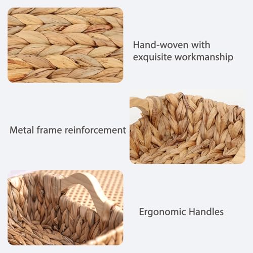 Square Small Water Hyacinth Wicker Basket for Organizing | Decor Woven Storage with Wooden Handles, Perfect for Shelves, Snack, Countertops or as Gift Basket