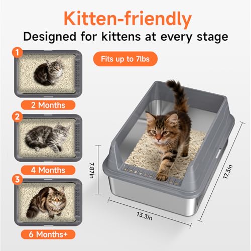 Stainless Steel Cat Litter Box Low Entry Litter Pan Include Scoop | Odor Free Metal High Sides Lid Open Top Easy Cleaning Anti-Scratc Anti-Urine Leakage Non-Sticky - color: Dark Grey S