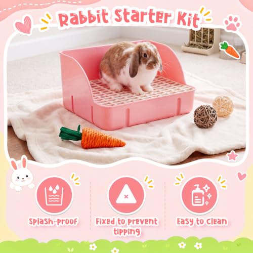 Reallnaive 15 Pcs Rabbit Starter Kit Small Rabbit Litter Box Girls Gift Animal Grooming Kit Bunny Toys Bowl Blankets with Cleaning Set for Guinea Pig Accessories (Bright Pink‌) - color: Bright Pink‌