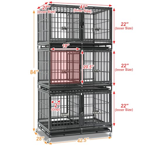 Homey Pet Three Tiers 43 inch Heavy Duty Dog Crate with Wheels, Dual Doors | Stackable Indestructible Steel Dog Cage Kennel Indoor with Divider, Trays, Bowls, Escape Proof Locks for Breeders and More - size: 43.0"L - 3 Tiers - 1P