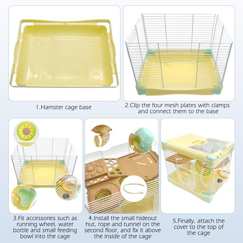 Hamiledyi Portable Hamster Cage 2 Layers Dwarf Hamster Habitat 10.90”L*8.07”W*9.84”H Small Animal Travel Cage with Exercise Wheel Hamster Enclosure Mouse Cage for Hamsters Mice Gerbils Tiny Pets - color: Yellow