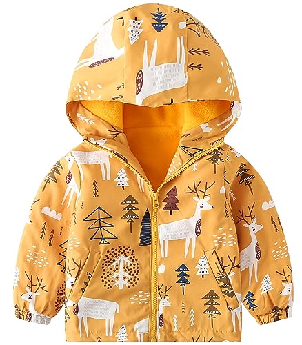 Happy Cherry Toddler Boy Girl Fleece Lined Jackets Waterproof Hooded Windbreaker Coat for Winter Fall 2023 - color: Thick Yellow Moose, size: 2-3T
