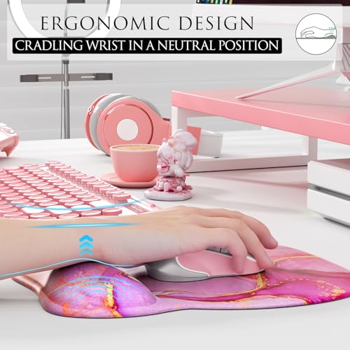 MROCO Ergonomic Mouse Pad with Gel Wrist Rest, 9.4 x 8.1 in, Pink Marble | Ergonomic Shape Design, Multiple Pattern Options, Gel Wrist Comfort, Smooth Lycra Surface, Non-Slip PU Base - color: Pink Marble