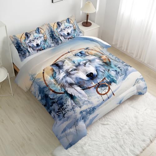 Nttopship White Wolf Comforter Sets Twin Size for Kids,White Wolves 3D Cartoon and Dream Catchers Comforter Sets All Season 1 Comforter and 2 Pillowcases - color: White Wolf, size: Twin