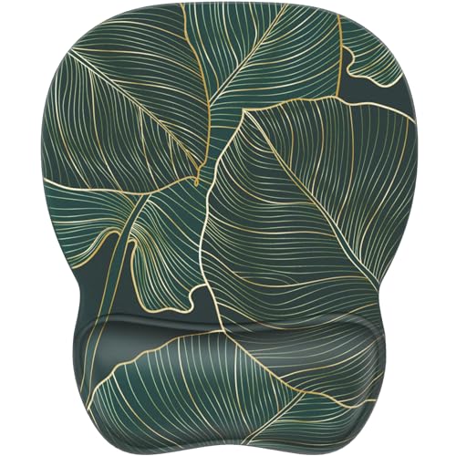 MROCO Ergonomic Mouse Pad with Gel Wrist Rest, 9.4 x 8.1 in, Green Leaves | Ergonomic Shape Design, Multiple Pattern Options, Gel Wrist Comfort, Smooth Lycra Surface, Non-Slip PU Base - color: Green Leaves