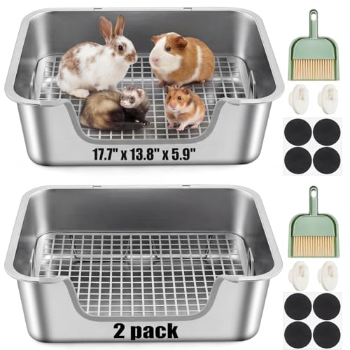 2 Pack XL Stainless Steel Rabbit Litter Box with Grate, Heavy Duty Bunny Litter Tray, Chew Proof, Odor Resistant and Easy Clean, Low Entry Potty Box for Rabbits, Guinea Pigs and Ferrets