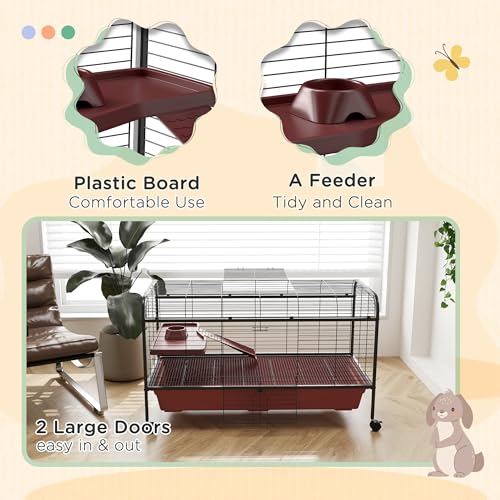 PawHut 48" L Small Animal Cage, Rabbit Hutch, or Ferret Pet Play House with Feeder, Rolling Wheels, Platform, Ramp | Ferret Pet Play House, Platform, Ramp - size: 48.0"L x 23.3"W x 28.8"H