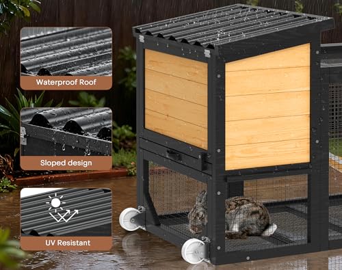 TIMHAKA 2-Story Bunny Hutch with Wheels and Chew-Proof Ramp, Yellow | Indoor Outdoor Bunny Cage w/ Leak-Proof Trays and Openable Waterproof Roof for Rabbits, Guinea Pig, Small Animal - size: 47.2"L x 21.98"W x 27.2"H