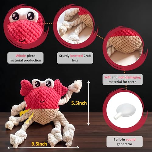 Plush Squeaky Crab Dog Toy with Rope Legs - 5.5''X9.5'' Durable Dog Chew Toy for Small Dogs | Built-in Whistle Sounds | Teeth Cleaning | Interactive Dog Toys （RED）
