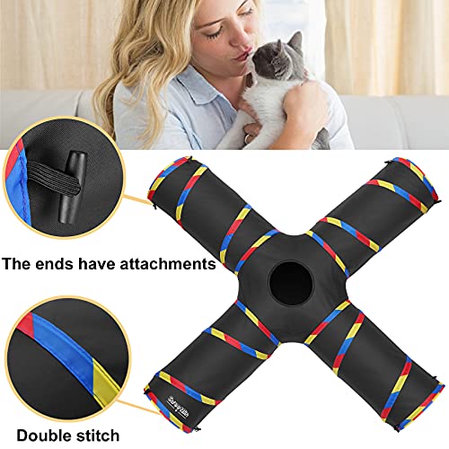 Cat Tunnels - 4 Way Cat Tunnel for Indoor Cats Play & Exploration (with Mouse Toy) - Collapsible Pop Up Tubes for Ferrets, Rabbits, and Small Dogs Fun