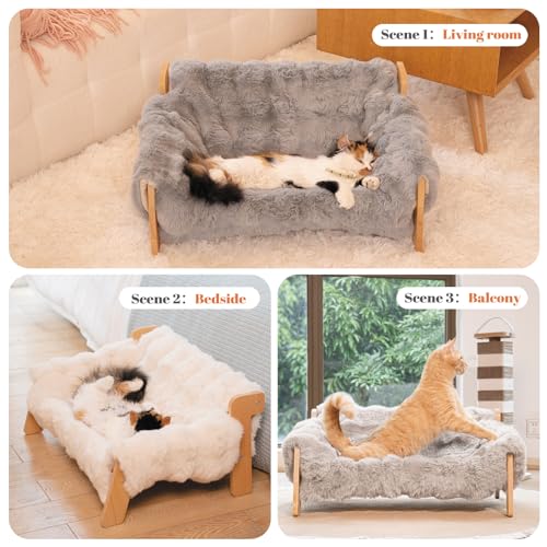 Elevated Cat Couch Bed Wooden Raised Kitty Sofa Lounge Chair | Washable Fluffy Cover Wooden Elevated Pet Furniture for Indoor Cats and Puppy(Gray) - color: Cat Sofa-Khaki(Light Gray)