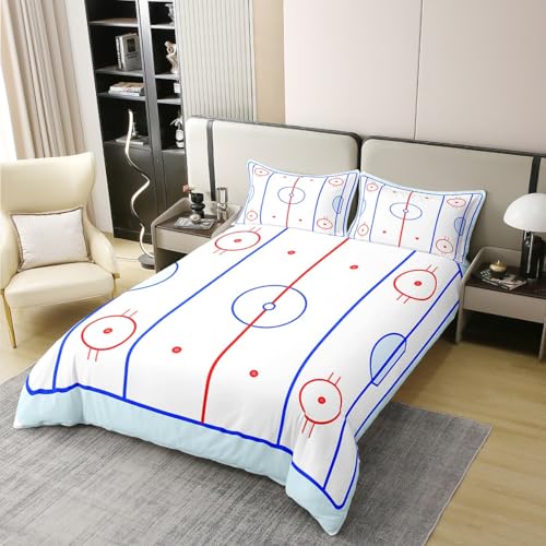 Pure Cotton Teens Hockey Comforter Cover, Kids Boys Ice Hockey Field In Blue Tones And Red Graphic Outline For Sport Events Duvet Cover, Decorative 3 Pieces Bedding Set With 2 Pillowcases, Queen - color: Multi 07, size: Queen (No Comforter)