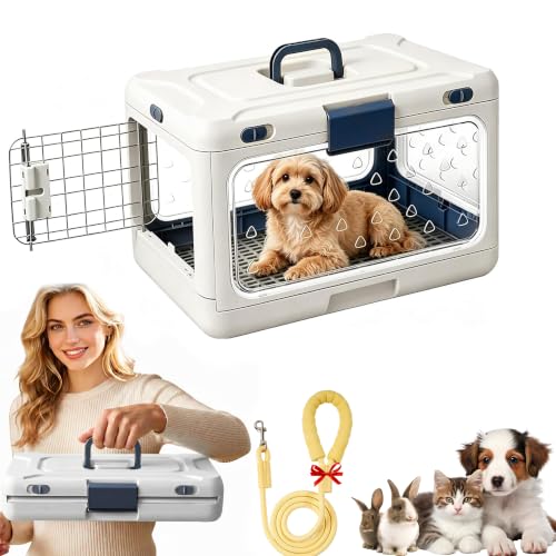 Foldable Hard Cat Carrier, Transparent Pet Crate for Cats & Small Dogs, Collapsible Travel Kennel with Ventilation & Urine Pad Mesh Grid, Portable Travel cage, Essential for pet Travel, White - color: White