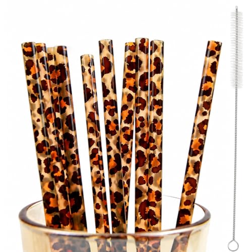 10 Pcs Reusable Leopard Straws Hard Plastic Drinking Straw and Cleaning Brush Leopard Print Animal Drinking Straw Statement Cheetah Animal Straws for Party(Brown) - color: Brown