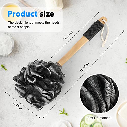 FORENEE Black Loofah on a Stick, PE Mesh Back Scrubber with Wood Handle | Soft PE mesh creates rich lather for gentle cleansing; water-resistant coated wood handle, rubber grip and hanging loop. - style: Black