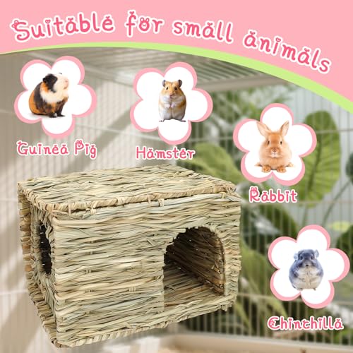 2 Pack 12"×8.5"×8" Foldable Grass Bunny House Straw Hideaway Hut | Double Opening Hay Bed Toy for Rabbits, Guinea Pigs, Hamsters, Chinchillas and Small Pets