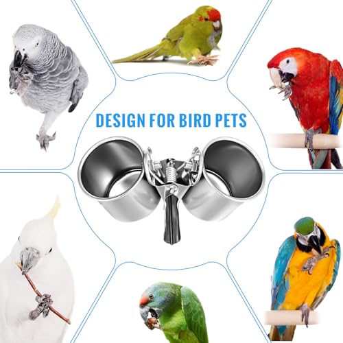 Tioncy 2 Pcs Clip on Water Bowl for Birds Parrot Feeding Double Cups Dishes Hanging Stainless Steel Food Water Bowls with Clip Pet Animal Feeder Cup Holder for Cage Coop Perches Play Stand Accessories
