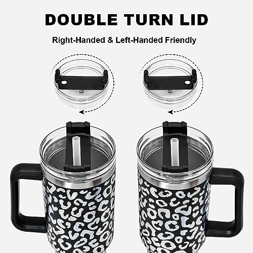40 oz Tumbler with Handle and Straw, 100% Leak-Proof Travel Mug, Stainless Steel Double Wall Vacuum Insulated Coffee Cup Keeps Cold For 34 Hours, Dishwasher Safe, Black Leopard - color: Black Leopard