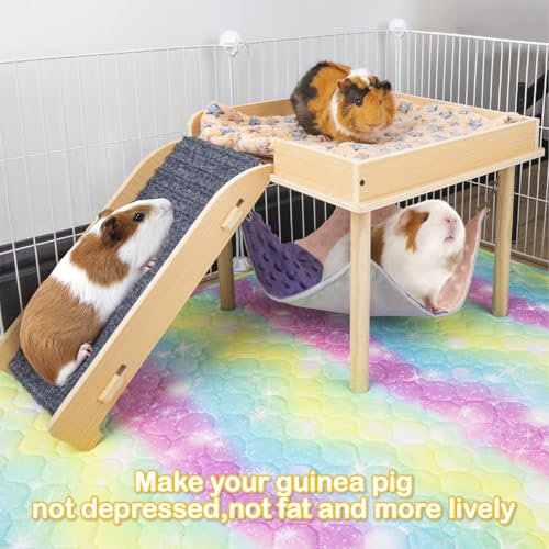 BESNEW Enlarged Guinea Pig Hammock with Platform and Stairs,Wooden Small Animal Hideout for Guinea Pigs Bunny Ferret Hamster Hiding Sleeping Activities(Single) - style: Hammock with ramp