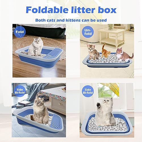 Collapsible Small Cat Litter Box,Open Top Cats Litter Pan with Scoop Foldable Shallow Kitten Potty Toilet Waterproof Cat Travel Litterbox Anti-Splashing Low Entry Semi-Enclosed Easy Clean(Blue) - color: 【Blue】
