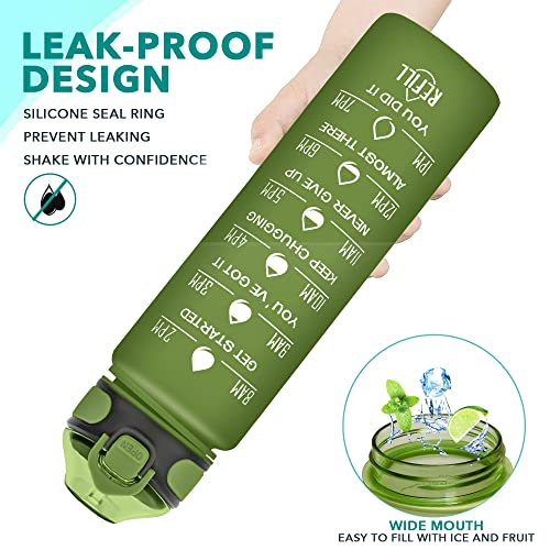 Enerbone 32 oz Drinking Water Bottle with Times to Drink and Straw, Motivational with Carrying Strap, Leakproof BPA & Toxic Free, Ensure You Drink Enough Water for Fitness Gym Outdoor - color: Hunter Green