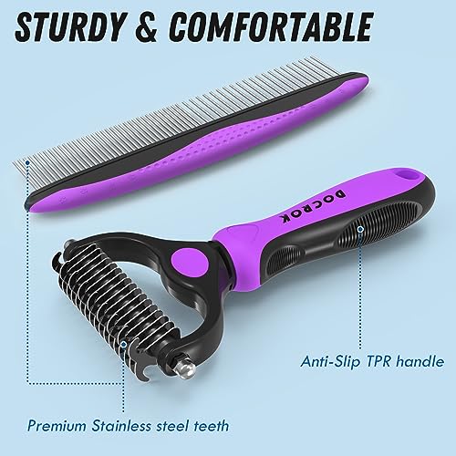 Docrok Pet Grooming Brush and Metal Comb Combo - Undercoat Rake for Dematting and Deshedding Long Matted Haired Dogs and Cats, Purple | Dematting Deshedding Undercoat Rake, Cat Brush Dog Brush Shedding Tool for Long Matted Haired Pets - color: Purple