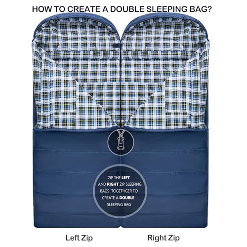HiZYNICE Sleeping Bags for Adults XXL Cold Weather | 100% Cotton Flannel Winter Camping Large 90 x 39 in,Compression Sack Included - color: Blue, size: 0F Right Zip