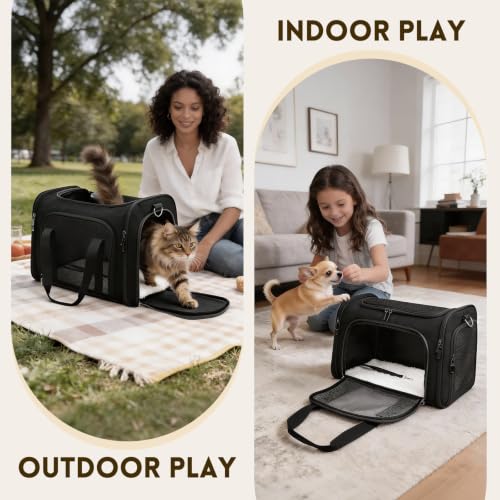 Cat Carrier Soft, Dog Carriers for Small Dog/Large Cat (Up to 16lb) | with High Breathability, Shoulder Strap, Removable Pad, Pet Carrier Airline Approved, for Home Outdoor Travel (Black) - color: Black