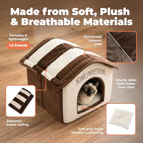 Best Pet Supplies Cat Bed for Indoor Cat, Domed Tent House with Removable Pillow, Covered Cat Cave for Small Dog, Puppies and All Breeds of Cats - Beige w/ Brown Stripes, 16 x 16 x H:14" - color: Beige w/ Brown Stripes, size: 16" x 16" x H:14"