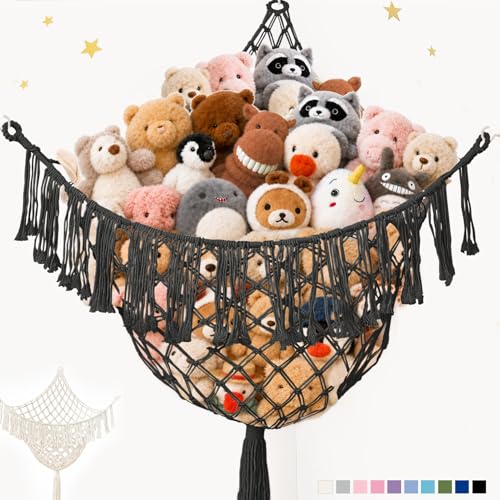 Lare Stuffed Animal Storage Hammock Corner Net - 45" W x 45" H (Black) | Cotton Boho Plushie Net - Room Christmas Decor for Teen Girls, Nursery Bedroom Playroom Dorm Decor (Patent Protected) - color: Black