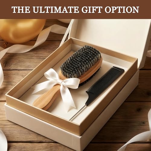SIMPOR 2PCS Double Sided Boar Bristle Hair Brush Set, 2-in-1 Hair Brush with Rat Tail Comb for Women, Firm and Soft Bristles with Wooden Handle for Detangling, Smoothing, Wave Styles