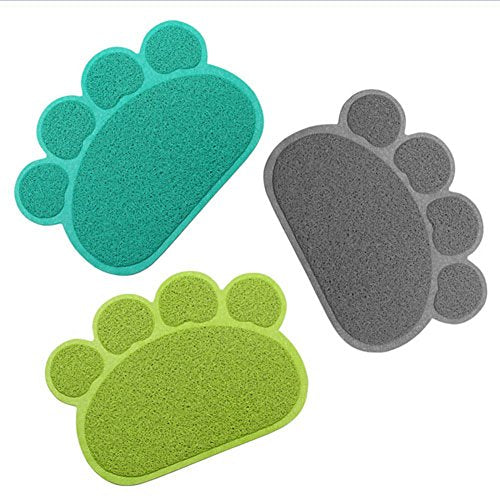 PVC Pet Dog Cat Puppy Kitten Dish Bowl Food Water Feeding Placemat, Non-Slip Cat Litter Mat Paw Shape, Green Small - color: Green, size: Small(11.8"x15.7")