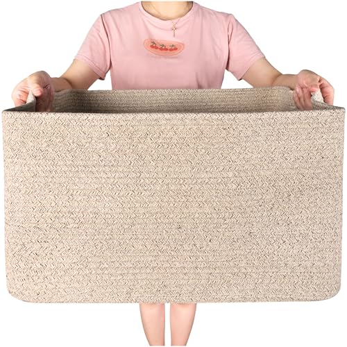 22in Extra Large Blanket Basket Holder Living Room, Rectangle Rope Woven Storage Basket with Handles for Laundry, Pool Towels, and Shoes, Dog Toy Organizer Bin Box, Oatmeal Brown - color: Oatmeal Brown
