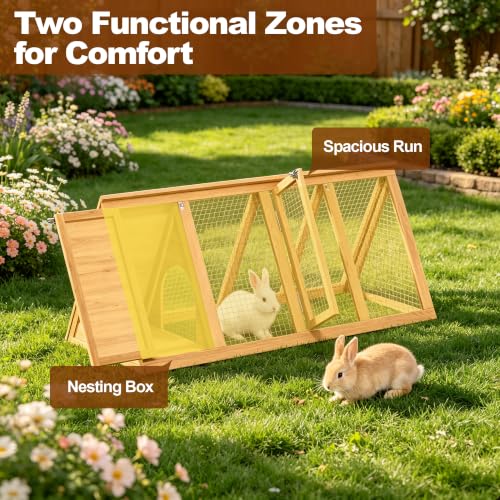 Small Chicken Coop, Wooden Rabbit Hutch Outdoor, Triangular Bunny Cage with Run, 2 Door Small Animal House for Rabbits, Guinea Pigs, Chickens(Backyard)