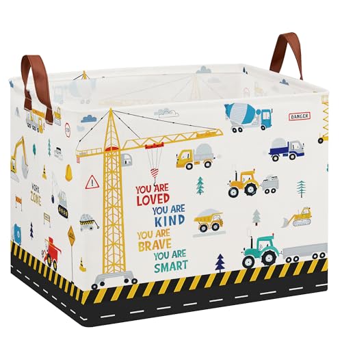 Construction Nursery Decor Hamper Car Baby Gift Basket Transport Trucks Excavators Toy Box Bin Empty Larger Rectangular Kid Clothes Book Shelf Toy Organizer Bin for Baby Boys - color: Yellow