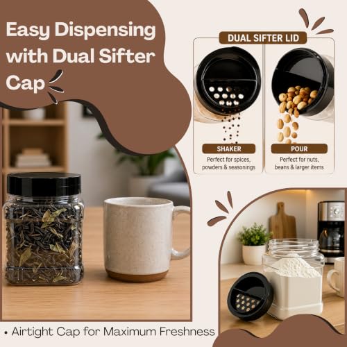 Pride Of India Clear Food Grade PET Plastic Square Grip Storage Jar w/Cap | 16 Fluid Ounces (1-2 Cup Storage Capacity) | BPA Free USA Made - size: Small Grip Jar & Cap