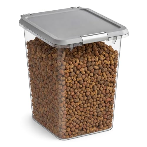 Mighty Tuff 35 lb Pet Food Storage Container with Airtight Lid, Clear | Secure lid clasp helps keep dog and cat food fresh while the clear container simplifies pantry organization.