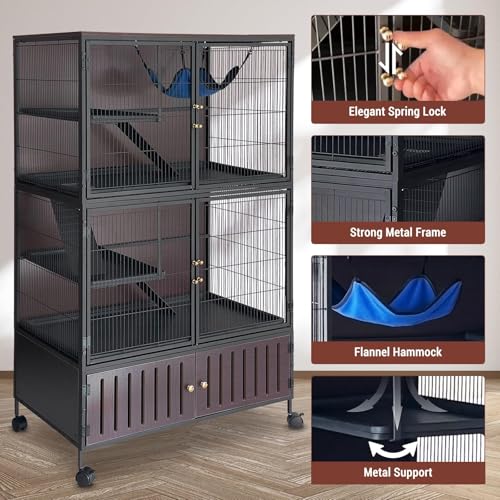 60" Large Metal Ferret Cage, Multi-Level Chinchilla Cages with Lockable Doors,3 Metal Ramps, 4 Wheels, Small Animal Cage with PP Trays & Storage Cabinet for Chinchillas, Ferrets, Guinea Pigs, Rats ﻿ - size: 59.1"L x 36.2"W x 23.0"H