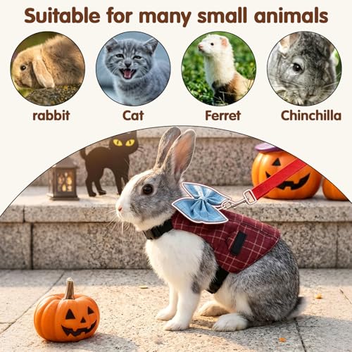 Rabbit Harness and Leash Set Escape Proof Plaid Bunny Vest with Bow Tie Breathable Mesh Harness Dual D Rings Adjustable Leash for Rabbit Guinea Pig Ferret Walking Training (Red, S) - color: Red, size: S