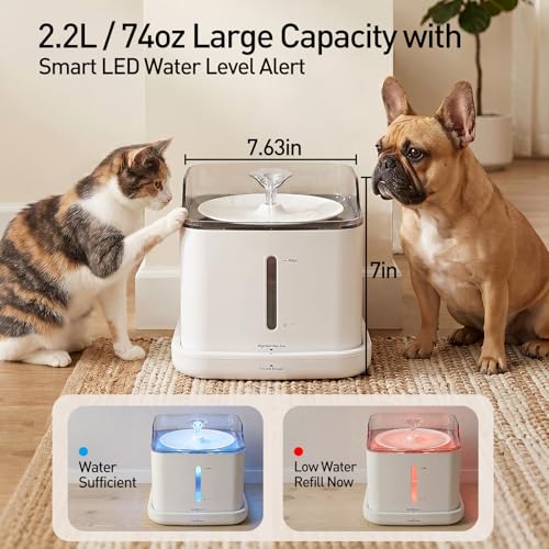 Cat Water Fountain, 2.2L Automatic Pet Water Fountain for Cats and Small Dogs, 2.4GHz WiFi App Control, Rechargeable Motion Sensor, 3 Water Modes, Detachable Tank, White - color: WHITE